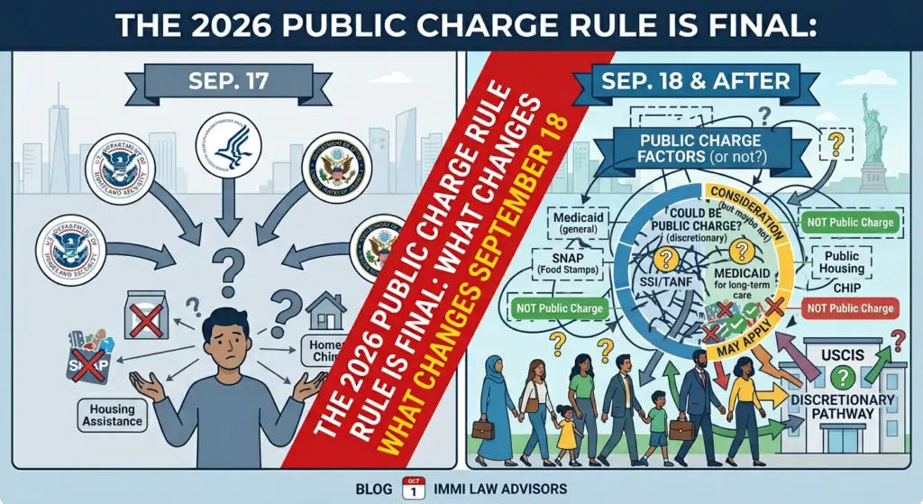 Infographic explaining the 2026 public charge rule changes for green card and visa applicants