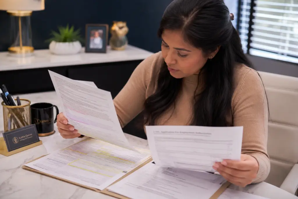 (EAD CO8) Mujer revisando su permiso de trabajo por asilo