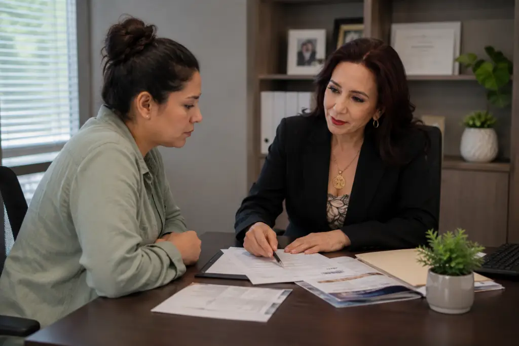 Mujer con abogada revisando su caso sobre qué perdona vawa / what does vawa forgive