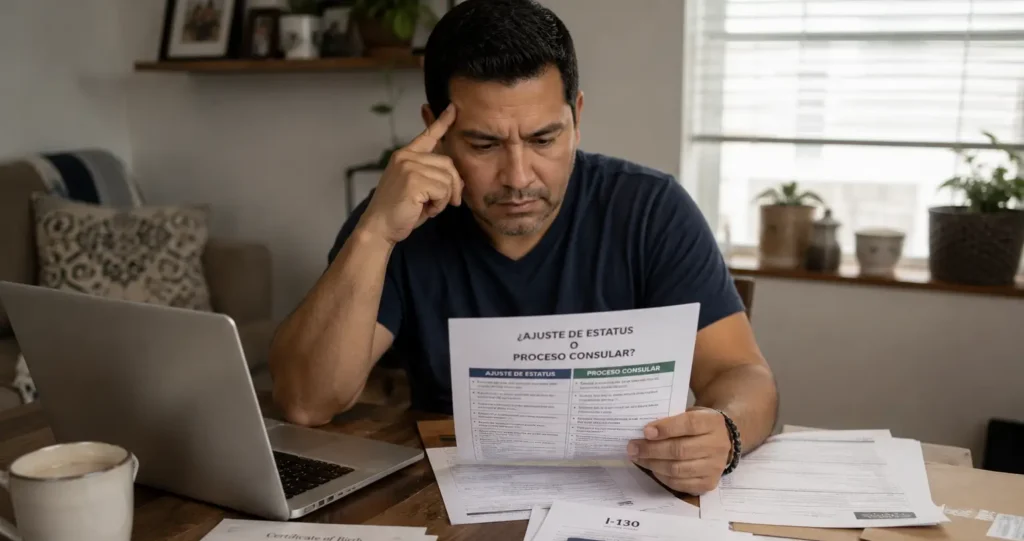 Hombre revisando la mejor ruta para su green card: ajuste de estatus o proceso consular