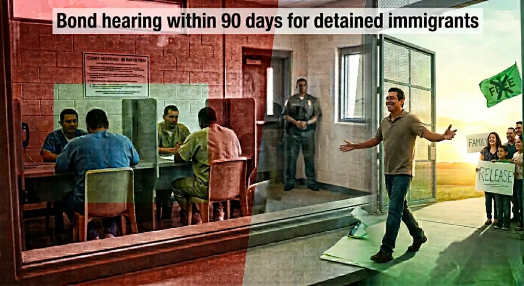 Los inmigrantes detenidos ahora pueden tener una audiencia de fianza después de 90 días en Texas, Luisiana y Misisipi. 11 Bond hearing after 90 days for detained immigrants - courtroom meeting and release reunion with family