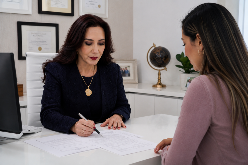 Abogada y cliente revisando su permiso de trabajo por ajuste de estatus (ead c09)