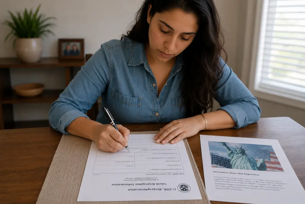 Mujer completando el formulario de registro de extranjeros G-325R