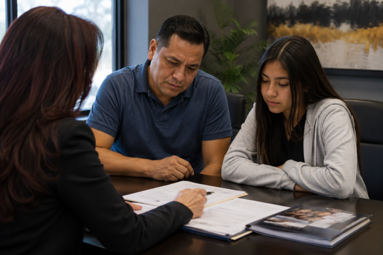 lawyer with father and daughter going over their family petition and explaining cspa / abogada con familia padre e hija cumplio 21 años revisando peticion familiar y cspa