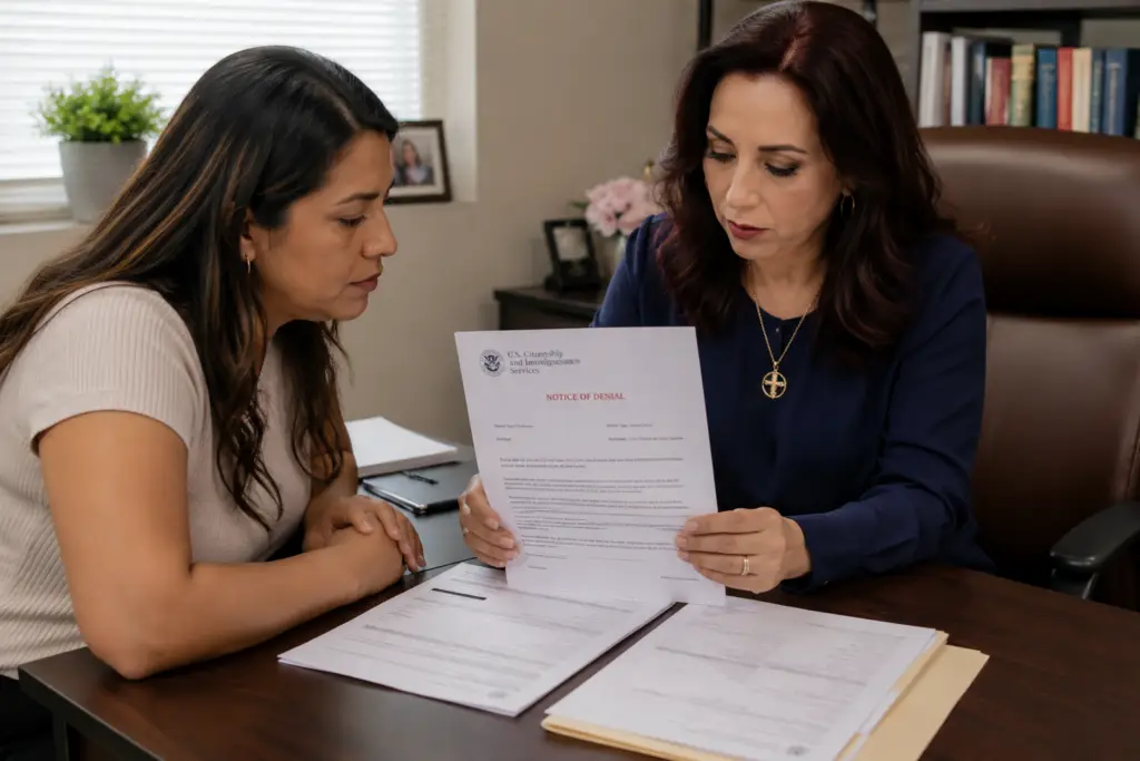 Lawyer and client looking over common reasons for an I-130 Family petition denial / I-130 Petición familiar denegada
