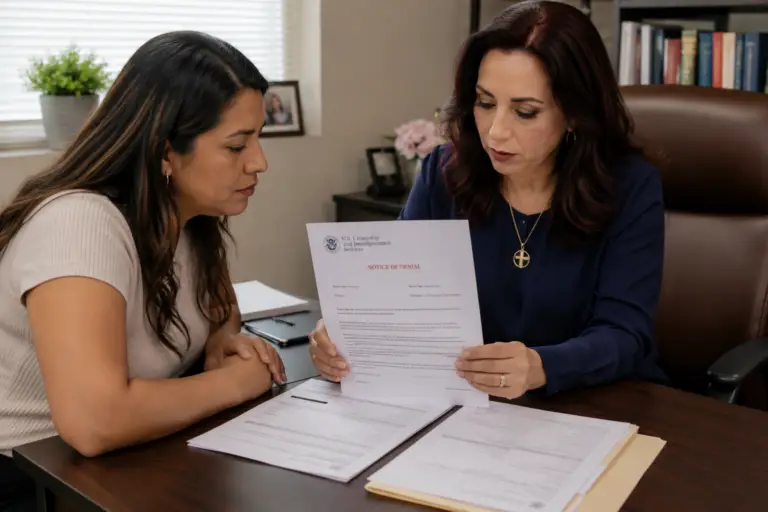 Lawyer and client looking over common reasons for an I-130 Family petition denial / I-130 Petición familiar denegada