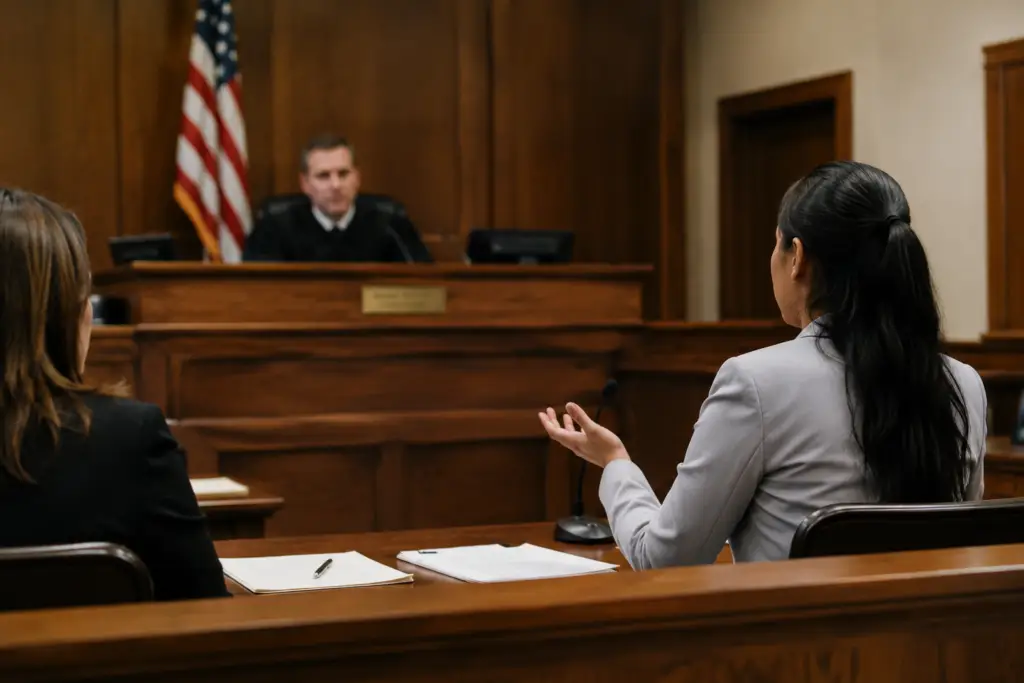 Woman attending her immigration court hearing / Mujer en su corte audiencia de inmigración