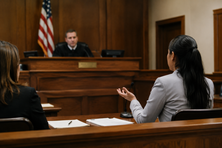 Woman attending her immigration court hearing / Mujer en su corte audiencia de inmigración