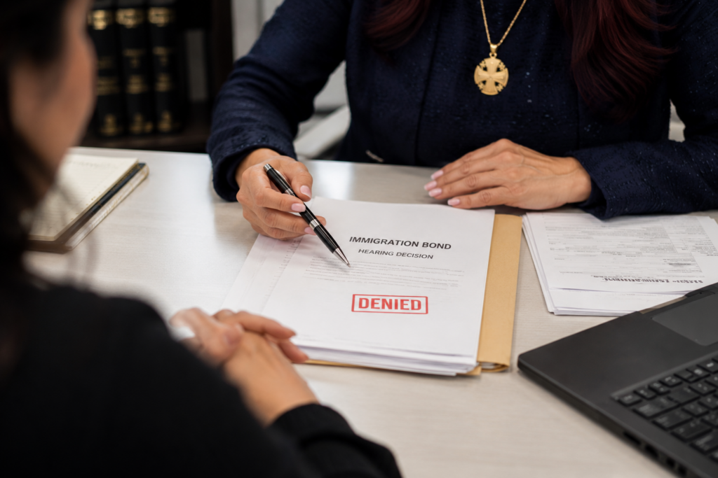 Client and lawyer explaining about immigration bond denial and how to appeal / Cliente conversando sobre que le negaron la fianza de inmigracion
