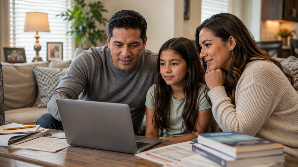 Family reading on a laptop about O-1 Visa O-3 Visa