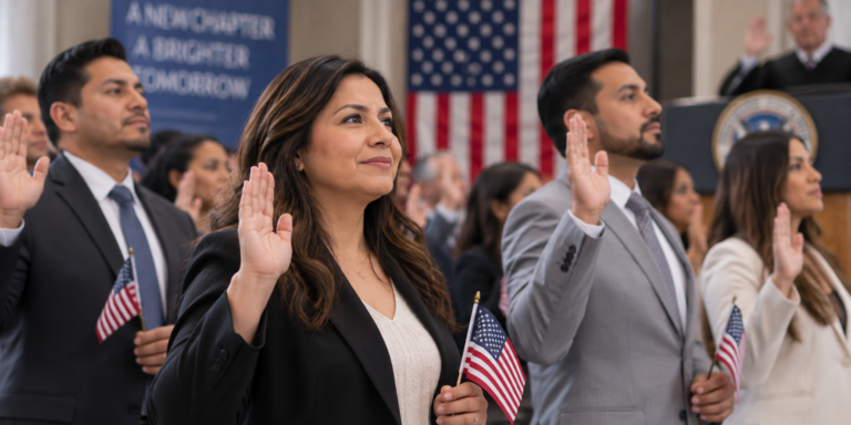 People at naturalization oath ceremony / Personas en su ceremonia de naturalizacion juramentacion