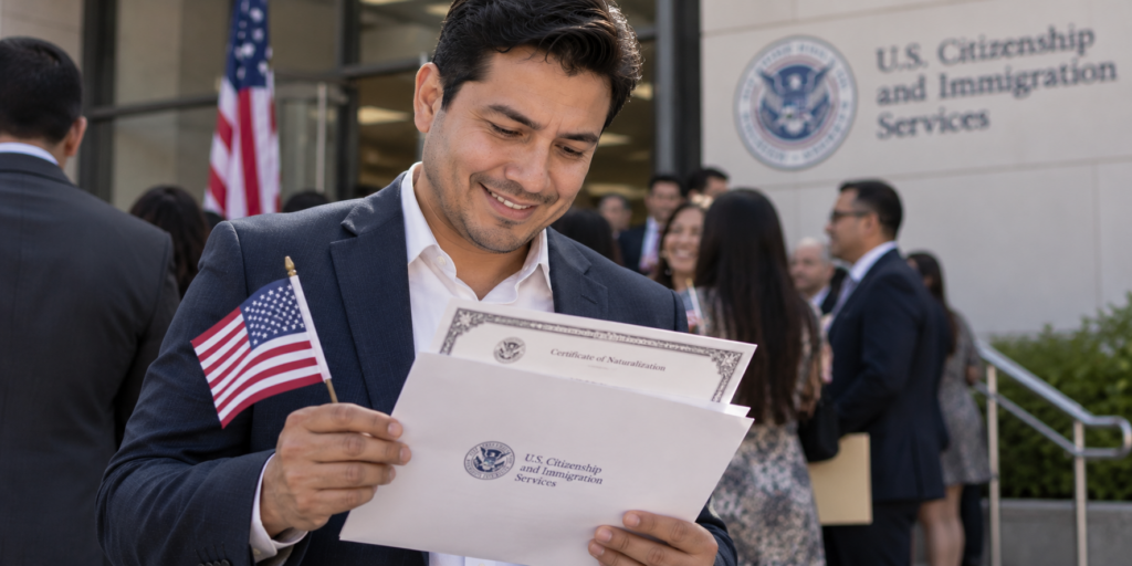 Man after naturalization ceremony / Hombre luego de ceremonia de naturalizacion